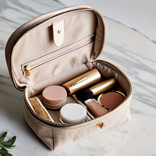 Decluttering a makeup bag for travel organization.